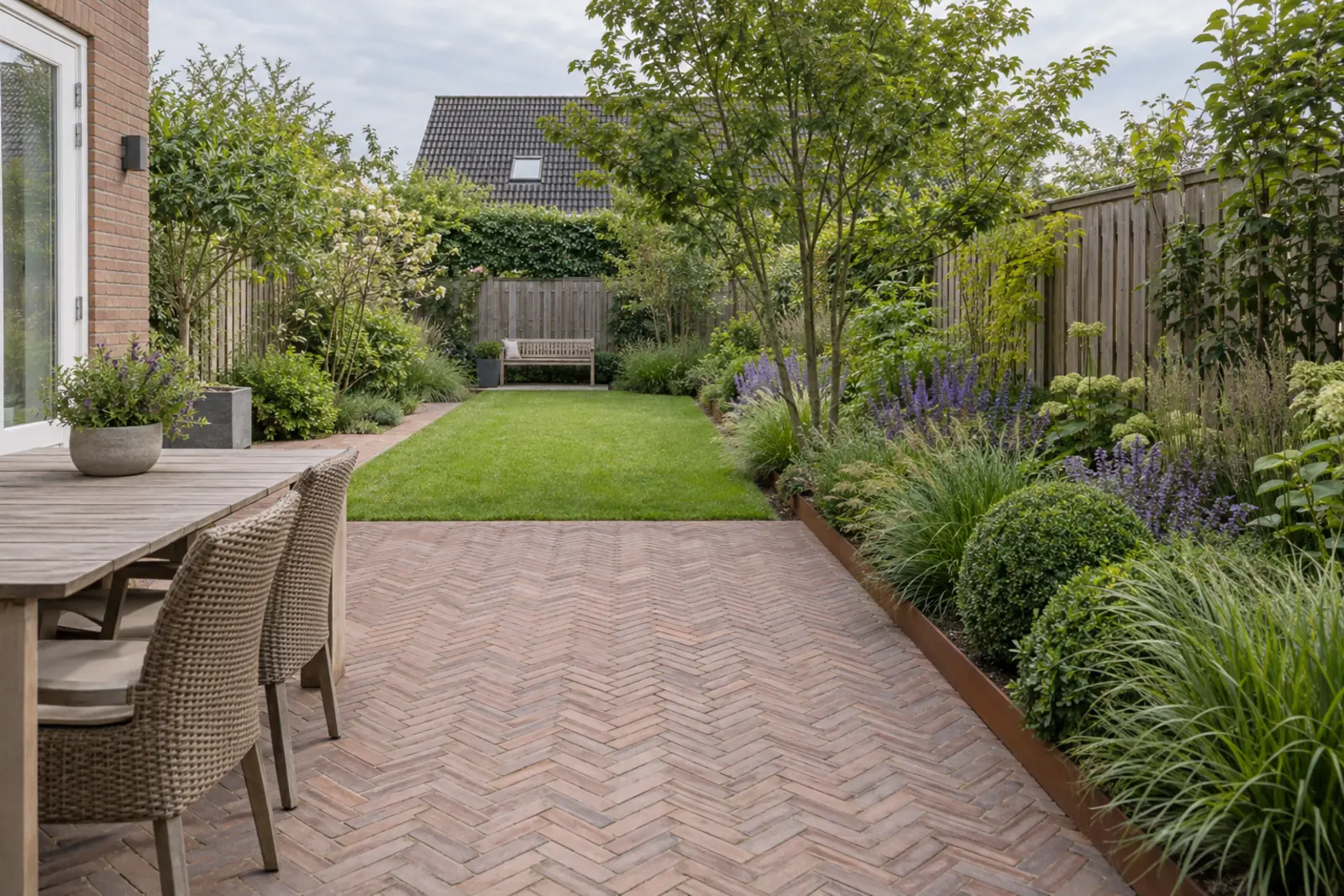 Afgewerkte achtertuin vanaf het terras: klinkers in visgraat, een border met siergras, paarse salie en buxus achter een cortenstalen rand, gazon en een bank achterin