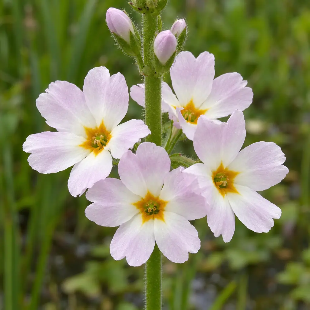 Een krans bloemen van waterviolier aan een behaarde, kale stengel: vijf ronde, bleeklila tot witte kroonbladen rond een gele tot oranje keel, met lila knoppen erboven