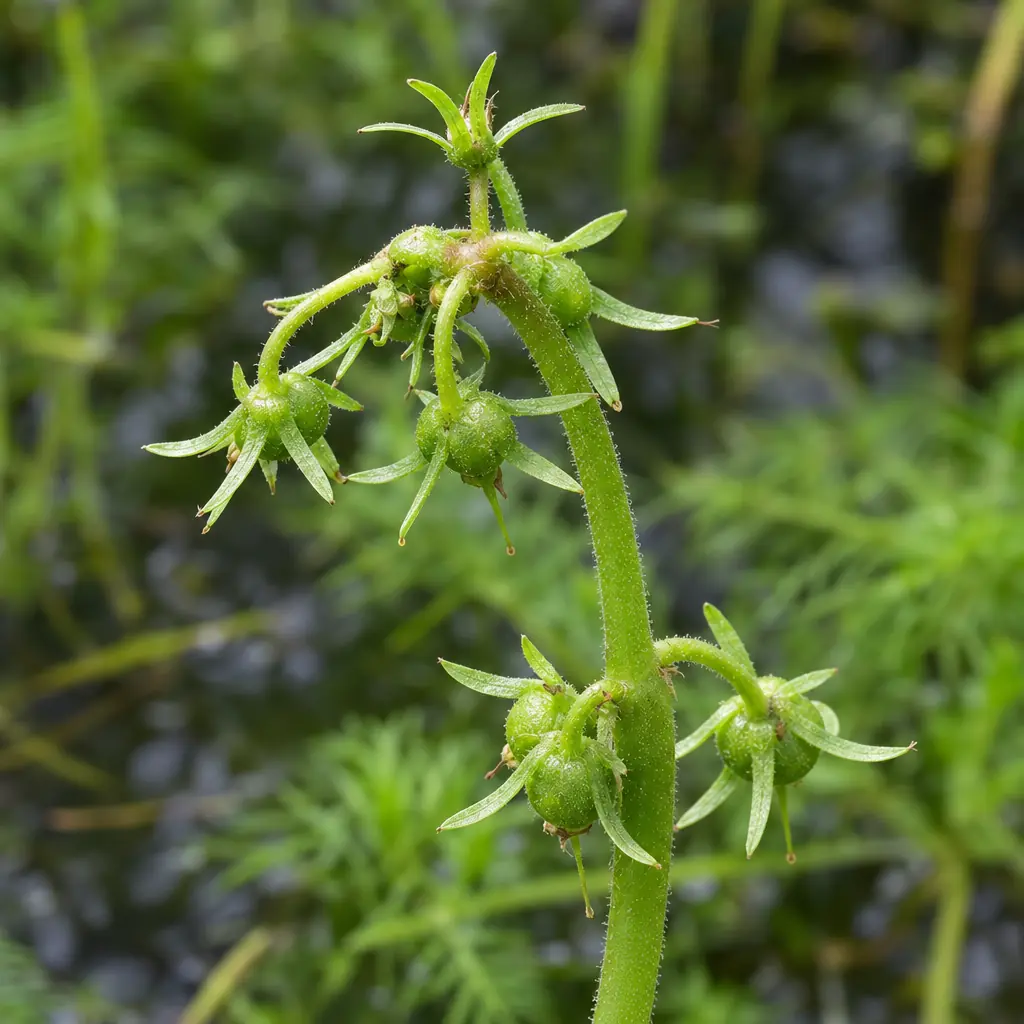 De top van een stengel van waterviolier eind juni, met kleine ronde groene vruchtjes in een stervormige kelk, op steeltjes die naar beneden buigen
