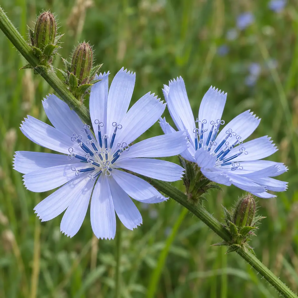 Twee open bloemhoofdjes van wilde cichorei op een stijve stengel: platte kransen van smalle, lichtblauwe bloemblaadjes met een getande top, met gesloten knoppen ernaast