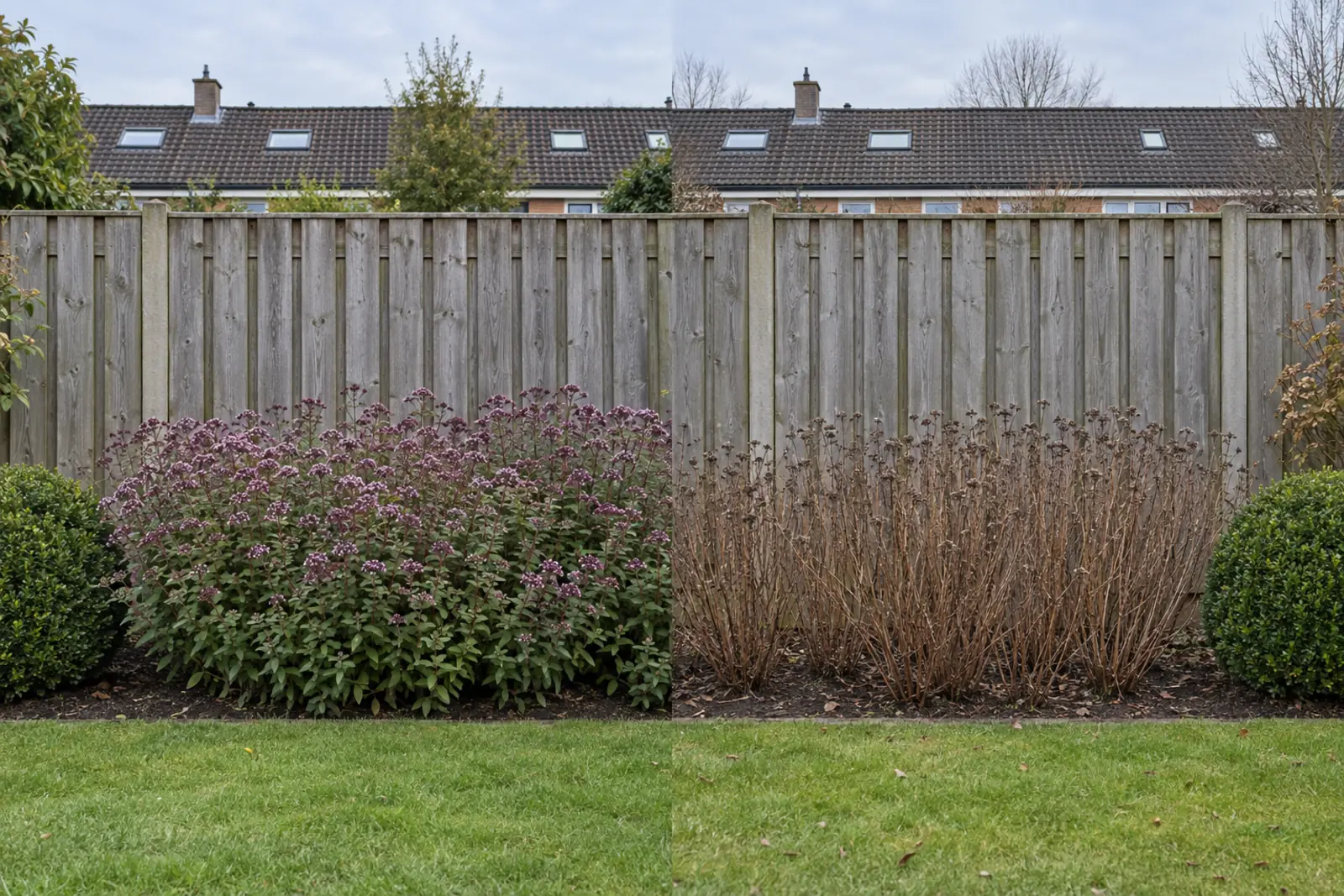 Een border voor een houten schutting in twee helften: links in augustus een brede pol bloeiende wilde marjolein met roze tot paarse bloemschermen, rechts dezelfde border in januari met alleen droge, bruine stengels, met aan beide uiteinden een groene buxusbol