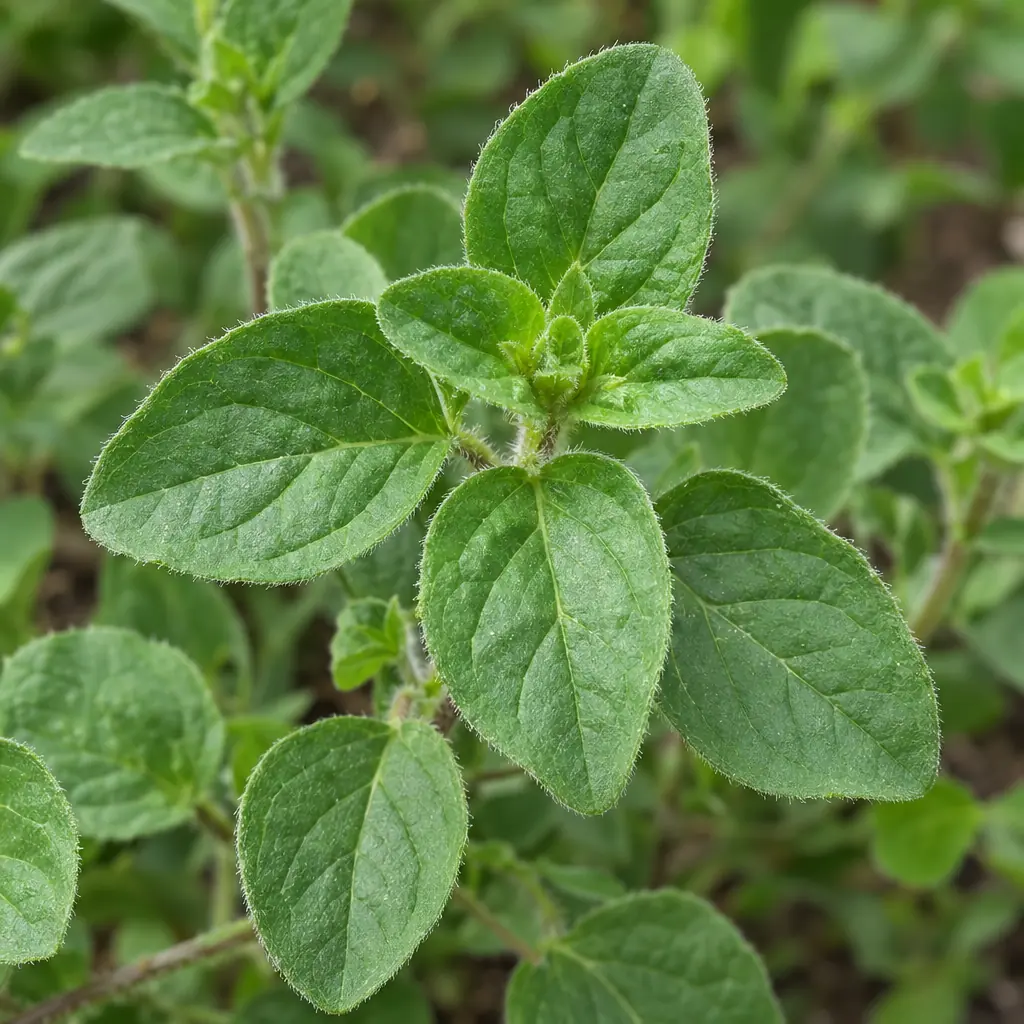 Een jonge scheut wilde marjolein in het voorjaar, alleen blad: kleine ovale, fijn behaarde blaadjes in paren tegenover elkaar