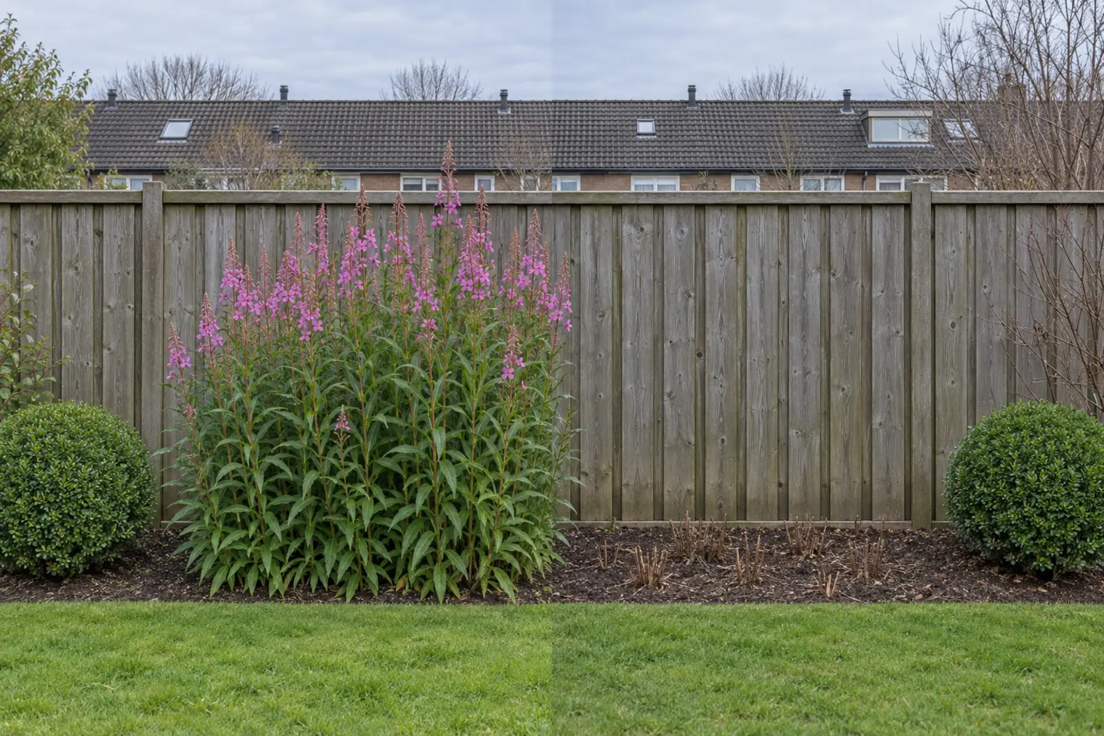 Een border voor een houten schutting in twee helften: links in juli een groep bloeiend wilgenroosje met paarsroze trossen, rechts dezelfde border in januari met kale grond en korte stompjes, met aan beide uiteinden een buxusbol