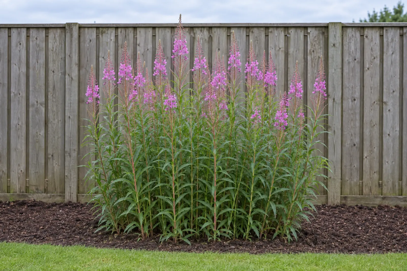 Eén groep wilgenroosje alleen in een bed voor een houten schutting, in juli, met rechte stengels, smal blad en lange trossen paarsroze bloemen