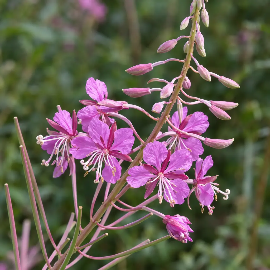 De bloeiende top van een wilgenroosje, met paarsroze bloemen met vier kroonblaadjes en lange meeldraden, en daarboven een spitse punt van knoppen