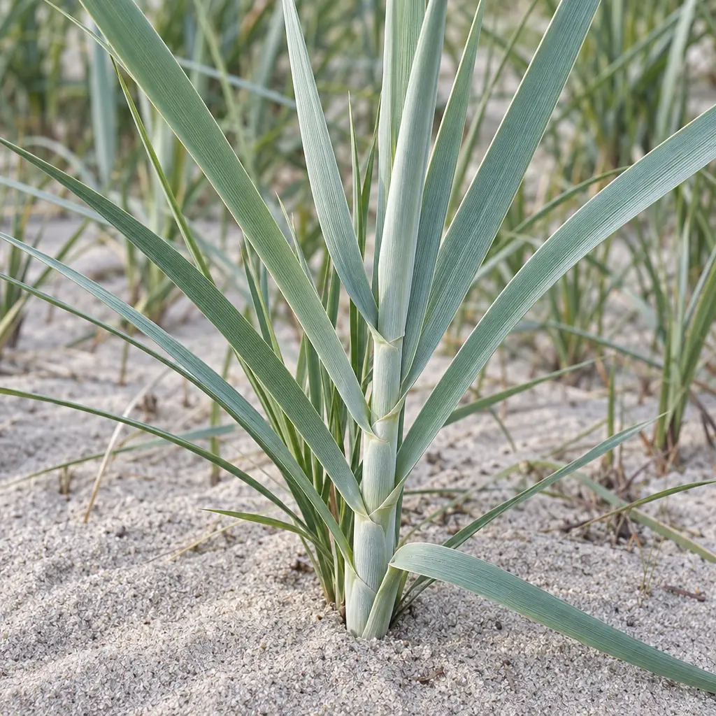 Een jonge scheut zandhaver in duinzand met brede, vlakke, blauwgrijze bladeren rond een dikke lichte stengel, zonder bloeistengels