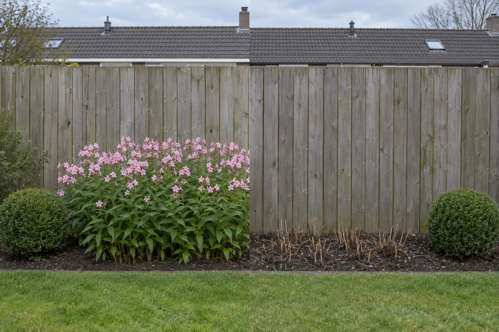 Een border voor een houten schutting in twee helften: links in augustus een groep bloeiend zeepkruid met lichtroze bloemen, rechts dezelfde border in januari met alleen droge stengelresten op kale grond, met aan beide uiteinden een groene buxusbol
