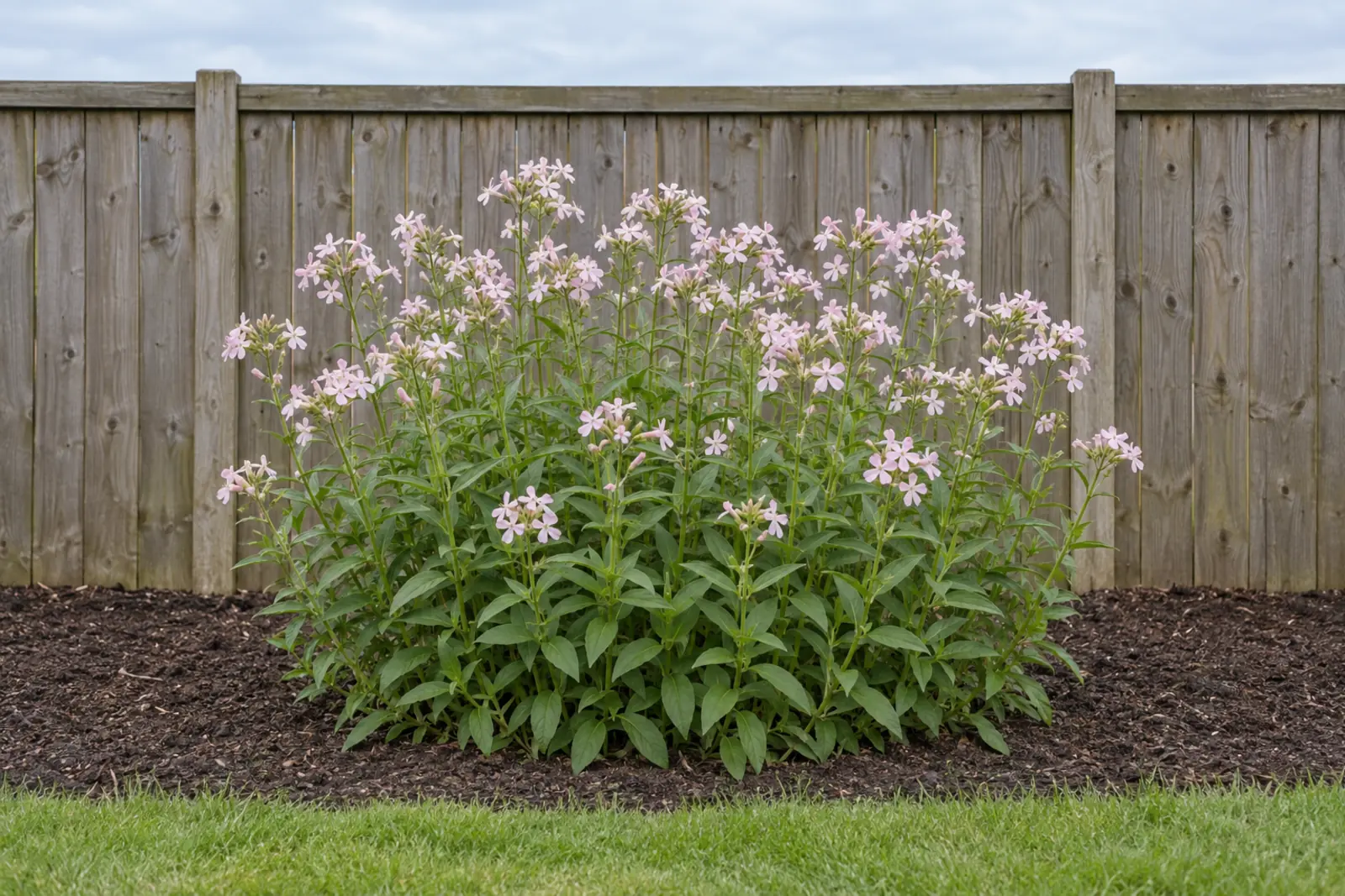 Eén bloeiende groep zeepkruid alleen in een gemulchte border voor een houten schutting, in augustus: rechte stengels met paren spitse bladeren en trossen lichtroze bloemen