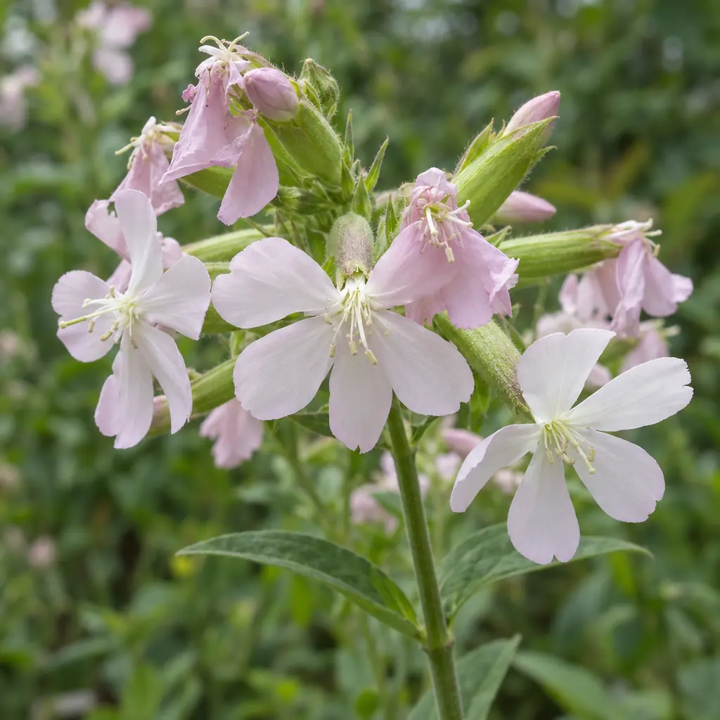 Een bloeiwijze van zeepkruid: enkele lichtroze tot bijna witte bloemen met vijf losse kroonblaadjes op lange groene kelkbuizen, met roze knoppen ertussen