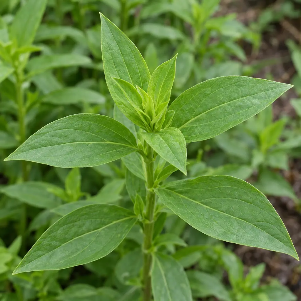 Een jonge scheut van zeepkruid voor de bloei: een rechte groene stengel met paren spitse, eironde bladeren tegenover elkaar