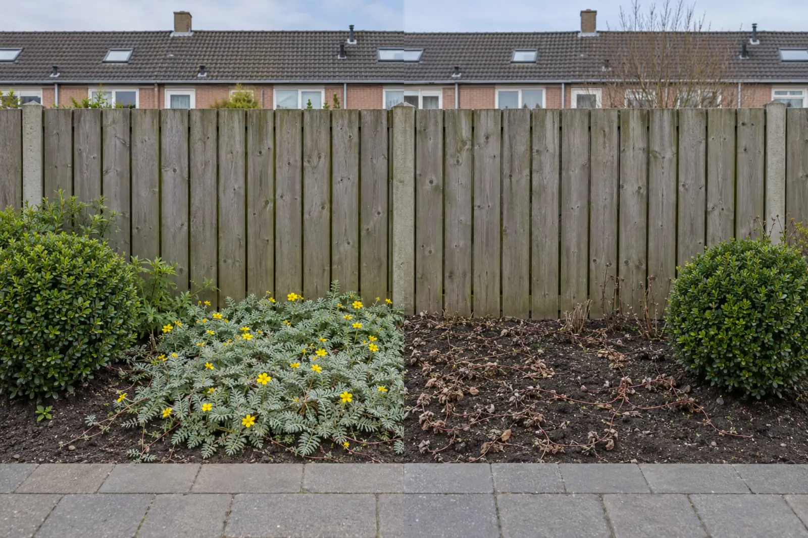 Een border voor een houten schutting in twee helften: links in mei een zilvergrijze mat zilverschoon met gele bloemen, rechts in januari kale grond met verdorde bladresten en dunne uitlopers, met aan beide uiteinden een groene buxusbol