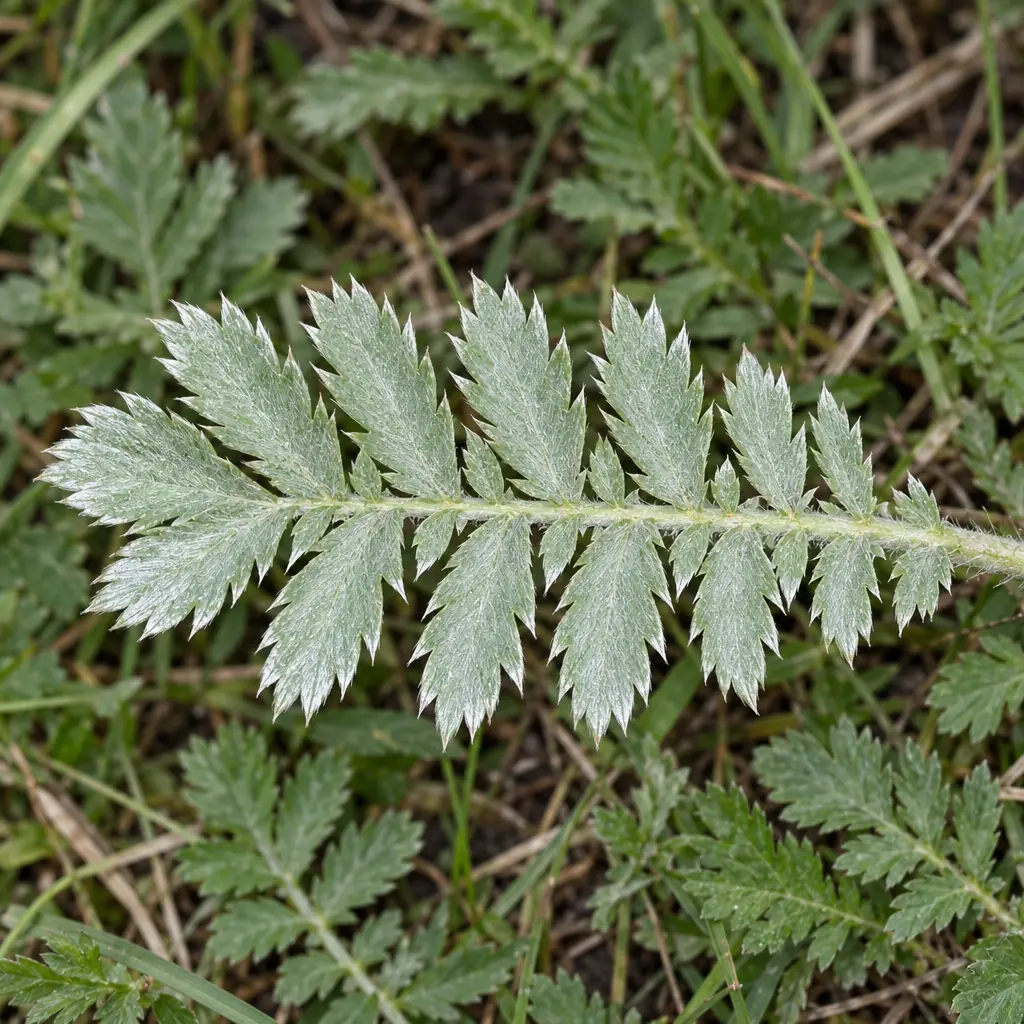 Eén geveerd blad van zilverschoon van dichtbij, met paren scherp gezaagde, zilvergrijs behaarde deelblaadjes en kleine blaadjes daartussen