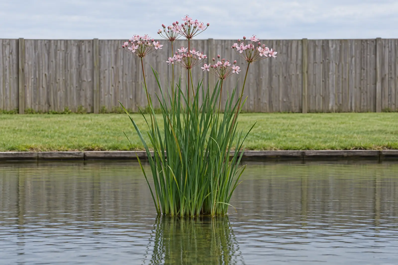 One clump of flowering rush in the shallow water of a garden pond in front of a wooden fence, in July, with narrow upright leaves and loose light pink umbels