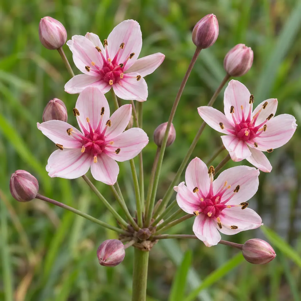 A loose umbel of flowering rush with light pink flowers, dark veins and a deep pink centre, each flower on its own long stalk, with round buds between them