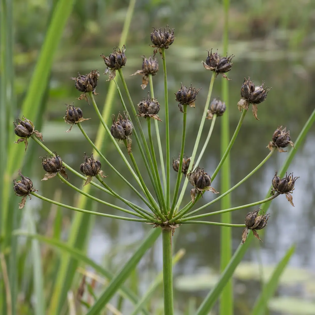 A fruiting umbel of flowering rush in September: long green stalks from one point, each ending in a dark brown ring of six beaked fruits