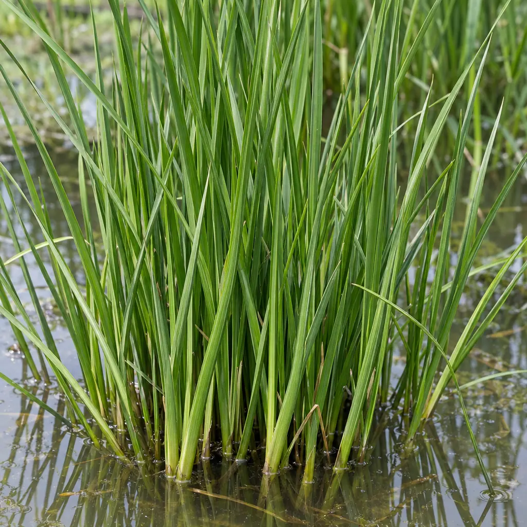 The lower half of a flowering rush clump in shallow water: a dense sheaf of long, narrow, upright green leaves