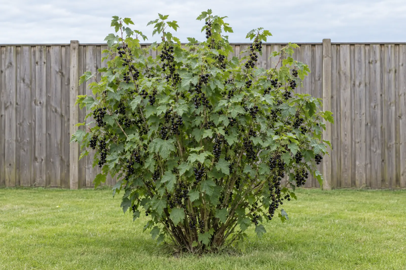 One blackcurrant bush as a free-standing shrub on a lawn in front of a wooden fence, in mid-July, full of clusters of glossy black berries