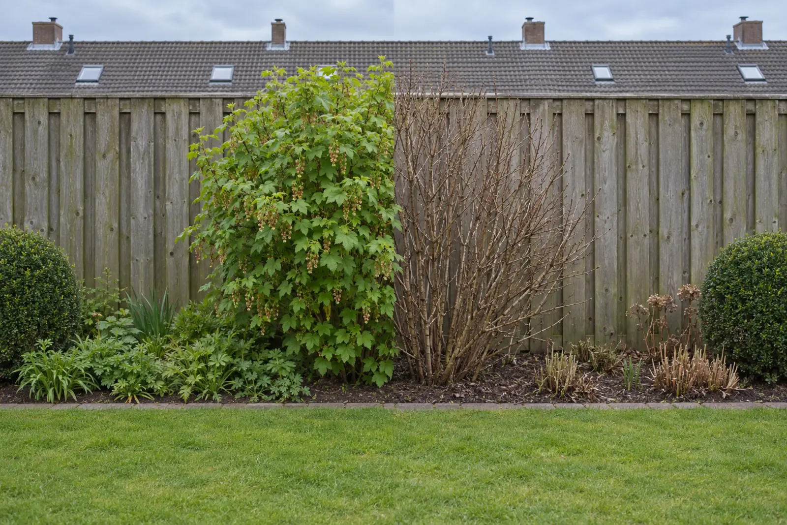 One border in front of a wooden fence with a blackcurrant bush in the middle: on the left in May, in full leaf with hanging flower clusters; on the right the same bush in January as bare brown stems, with a box ball at each end
