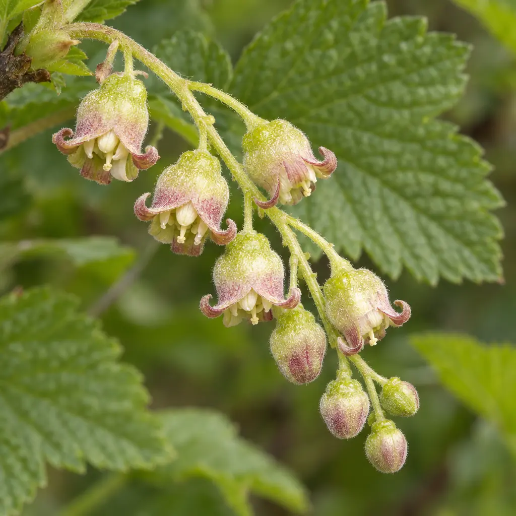 Hanging cluster of small bell-shaped blackcurrant flowers, green with a reddish flush and tips curled outward