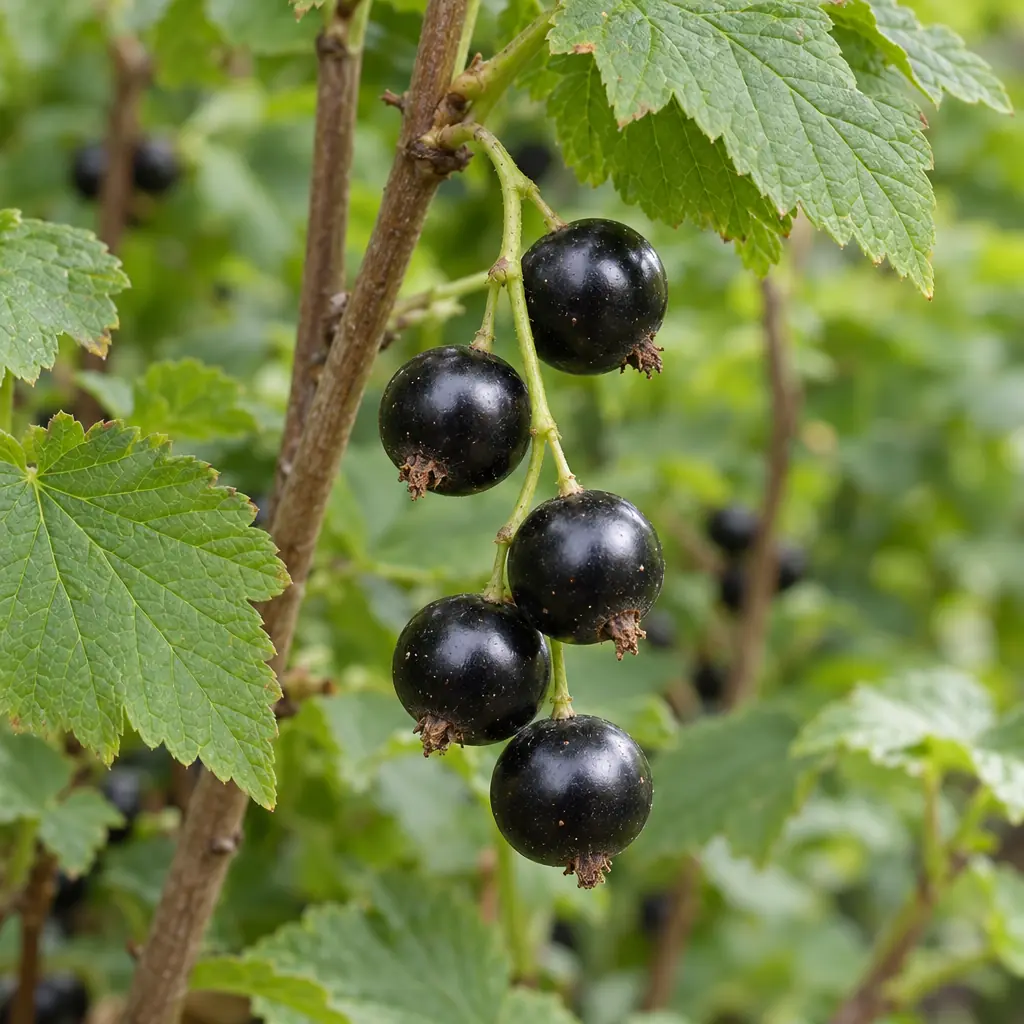 Short cluster of ripe, glossy black blackcurrant berries in July on a brown stem, among toothed leaves