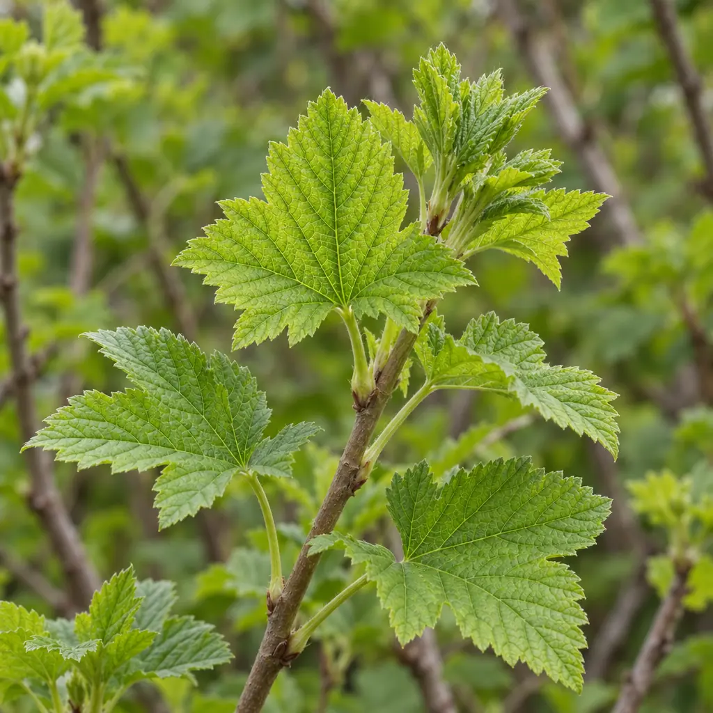 Young twig of a blackcurrant bush in May with hand-shaped, three- to five-lobed, toothed leaves on a thornless stem